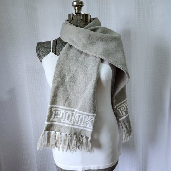 Victoria's Secret Pink Fashion Scarf Thick Warm Knit with Fringes Grey and White - Picture 2 of 7